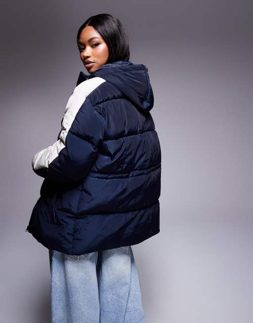 Weekend Collective waisted padded coat with logo in navy and cream