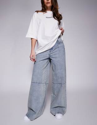 ASOS WEEKEND COLLECTIVE Weekend Collective wide leg jean with horizonal seam in mid blue