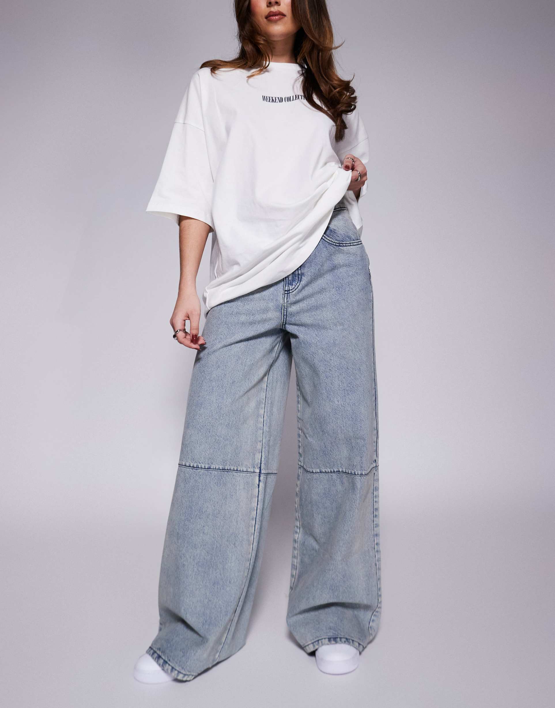 weekend collective wide leg jean with horizonal seam in mid blue