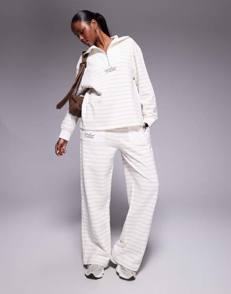 Weekend Collective wide leg jogger in cream stripe with scribble graphic embroidery - view 1