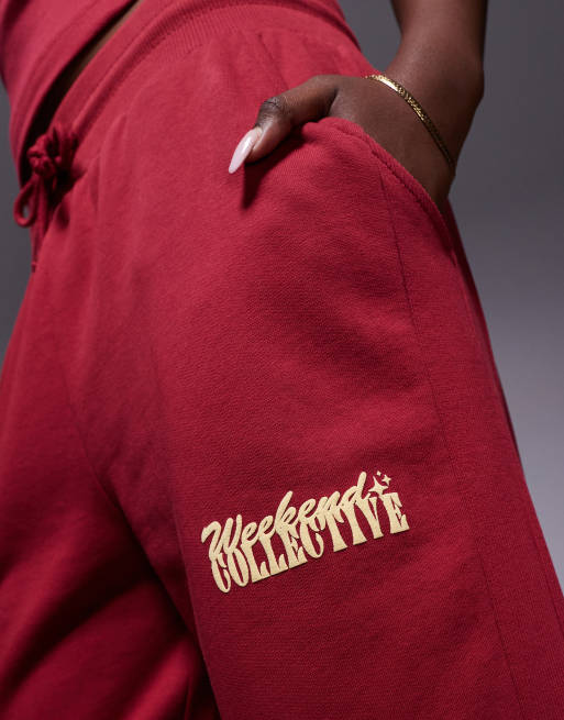Weekend Collective wide leg jogger with mixed font graphic in burgundy, 5 of 5
