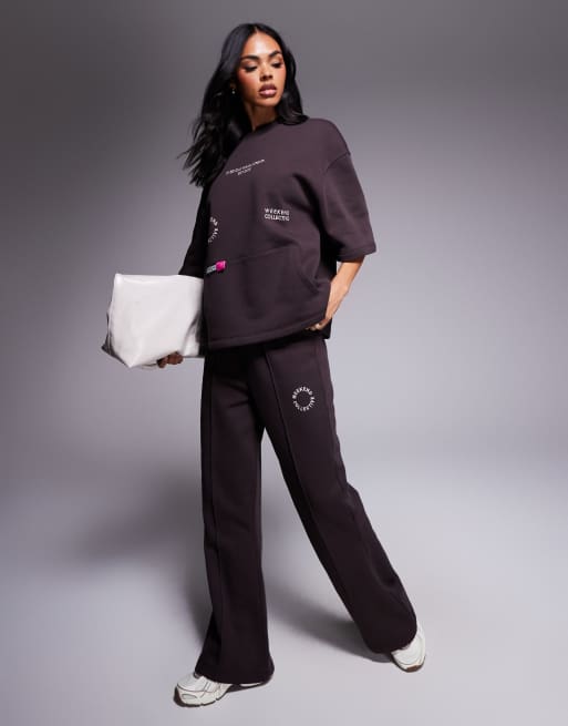 Weekend Collective wide leg jogger with pink label detail in chocolate