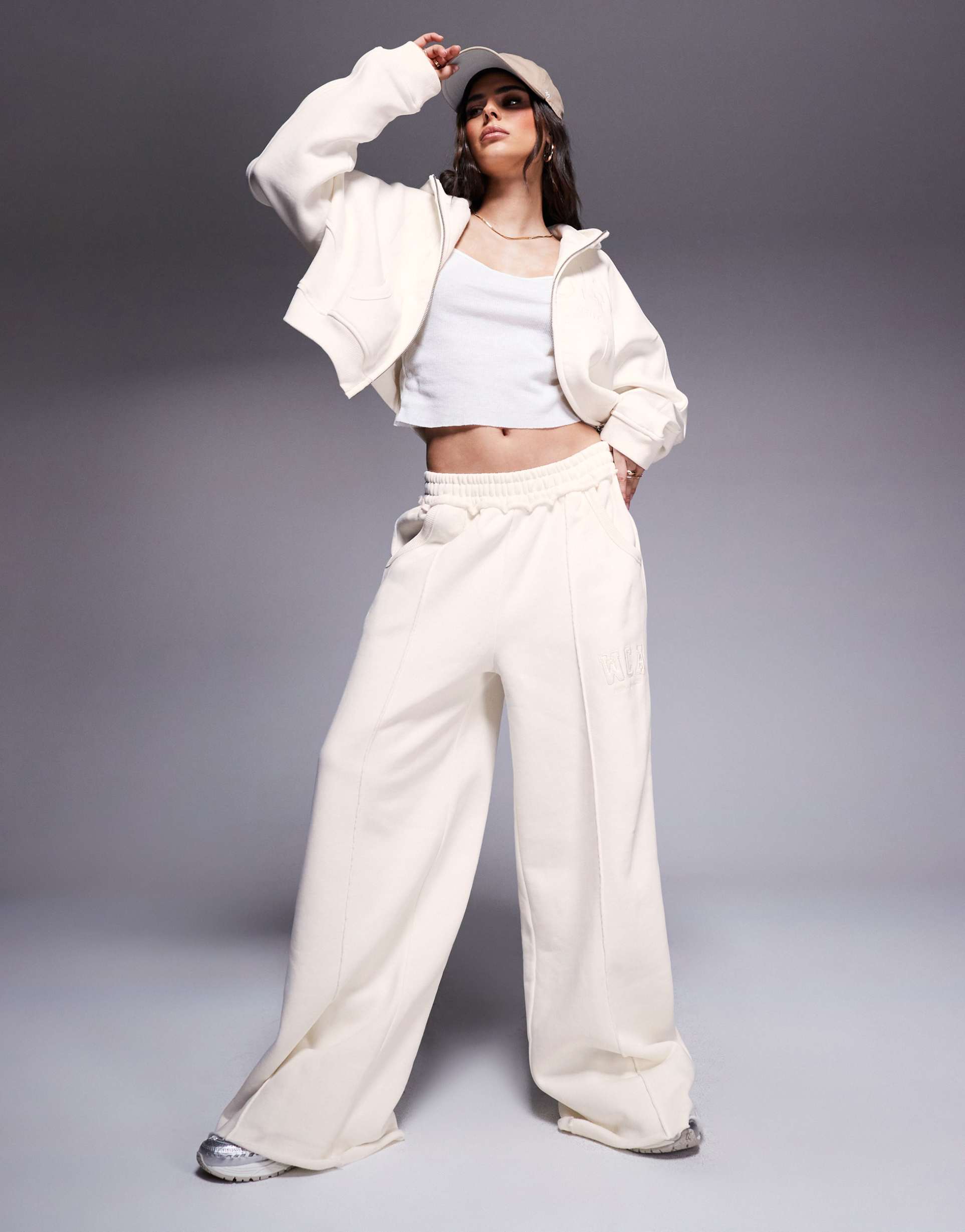 weekend collective wide leg seamed sweatpants with embroidered logo in cream - part of a set