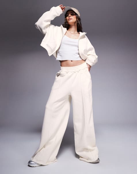 Weekend Collective wide leg seamed trackies with embroidered logo in cream (part of a set) - view 1