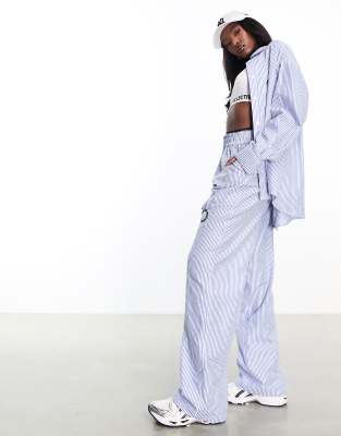 Wide leg blue and white striped pants sales