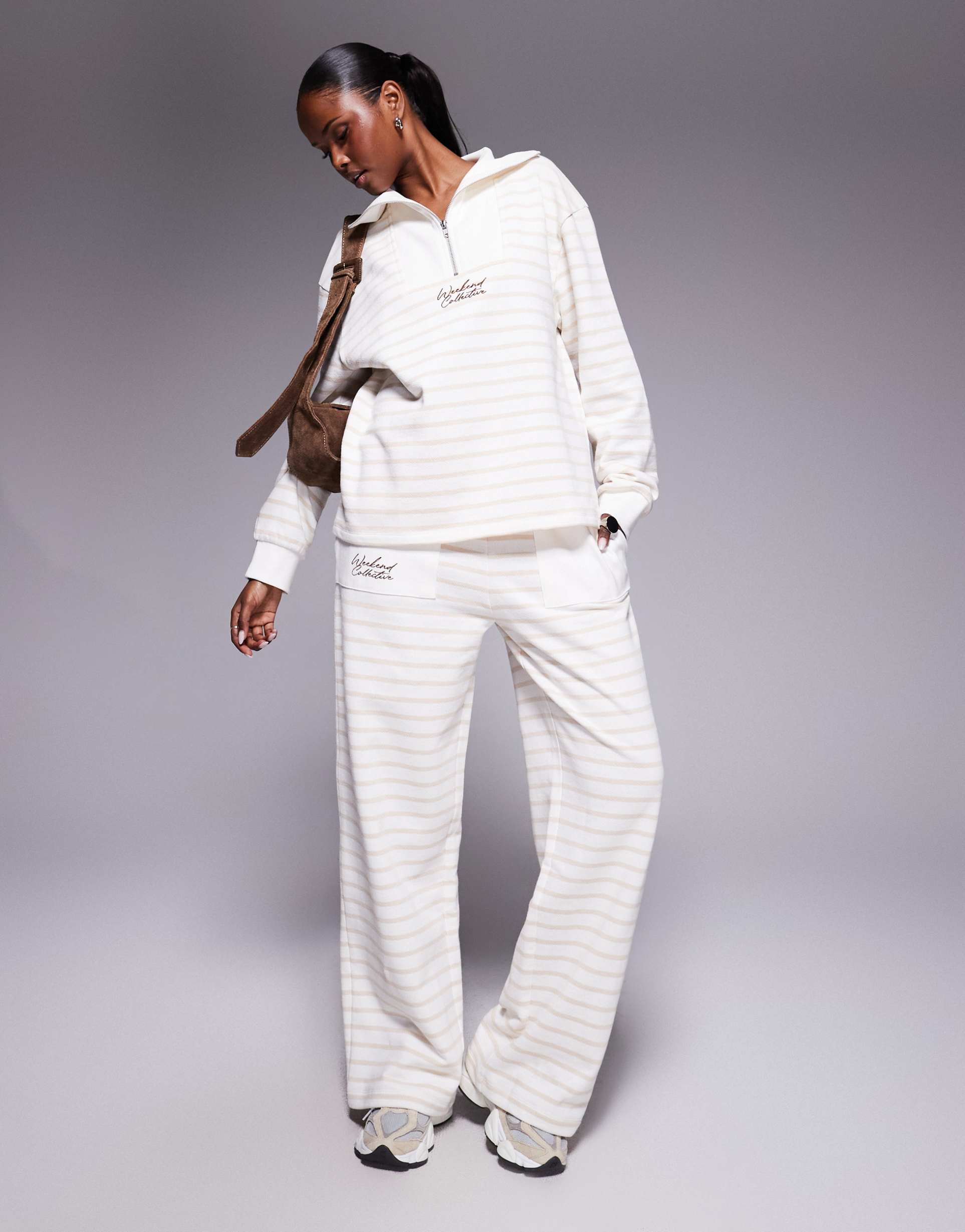 weekend collective wide leg sweatpants in cream stripe with scribble graphic embroidery