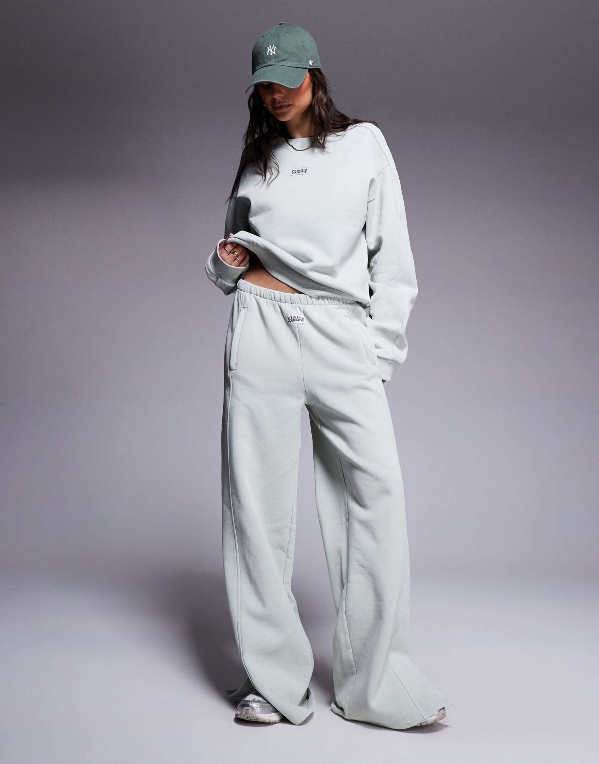 weekend collective wide leg sweatpants in washed sage green - part of a set