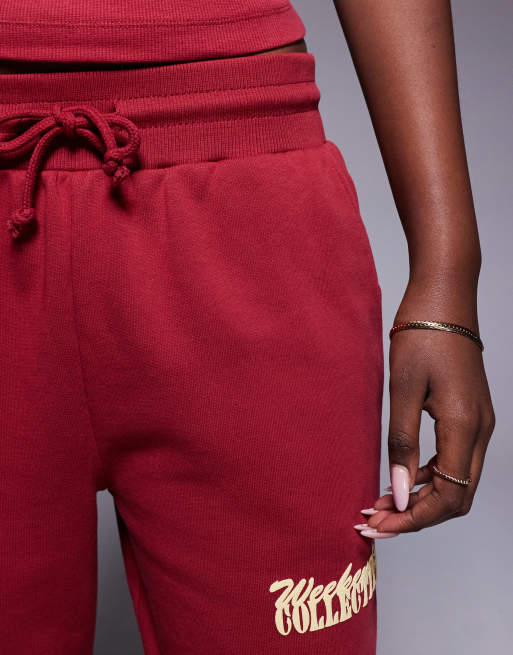 Weekend Collective wide leg sweatpants with mixed font graphic in burgundy, 3 of 5