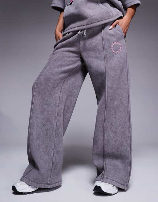 Weekend Collective wide leg sweatpants with pink label detail in washed gray - part of a set