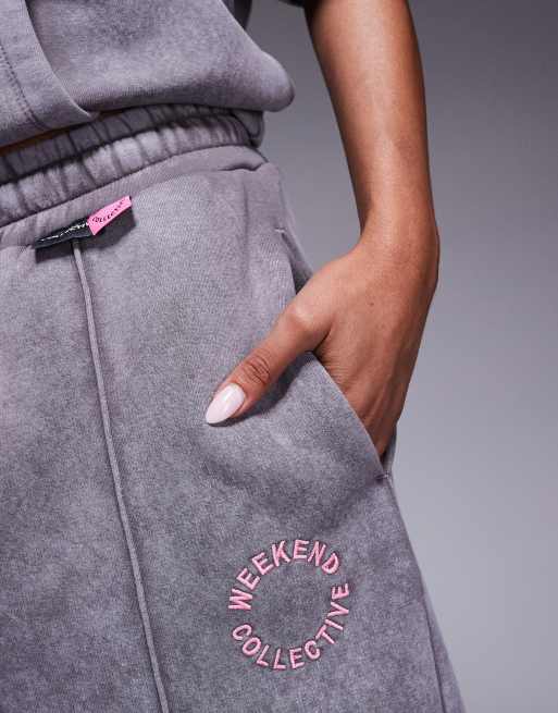 Weekend Collective wide leg sweatpants with pink label detail in washed gray - part of a set