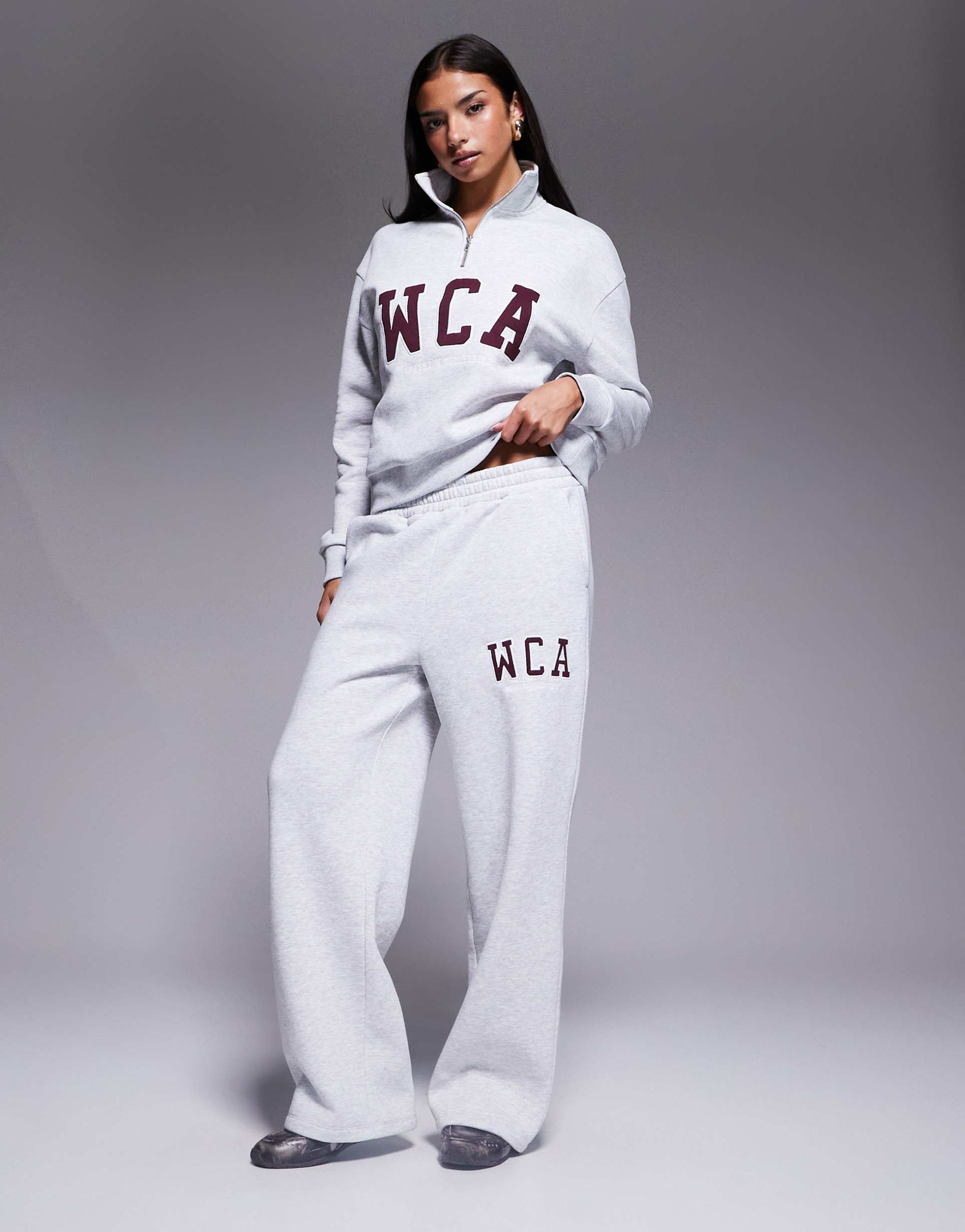 weekend collective wide leg sweatpants with varsity sweatshirt in gray heather - part of a set