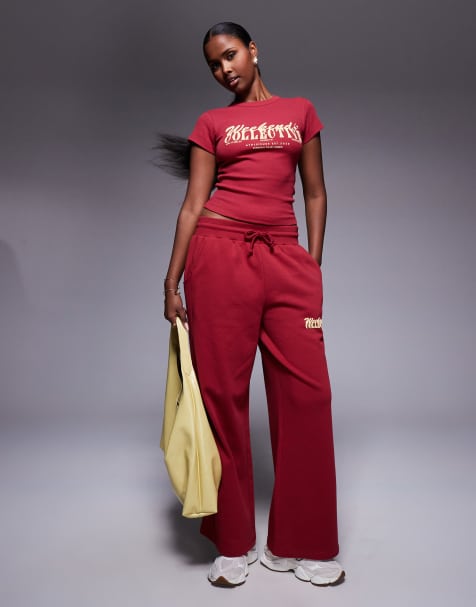 Weekend Collective wide leg trackies with mixed font graphic in burgundy - view 1