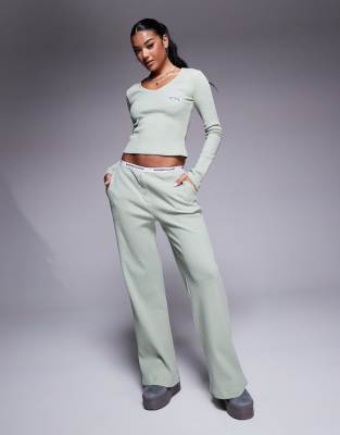 Weekend Collective wide leg waffle waistband pants in sage green - part of a set