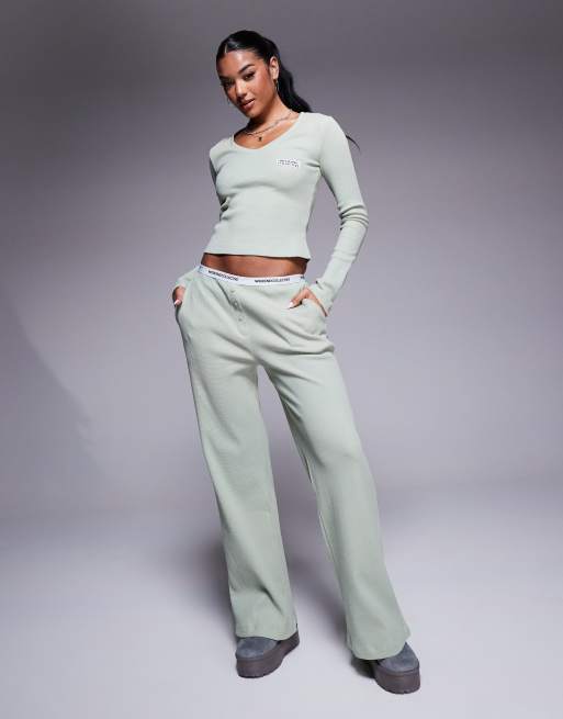 Weekend Collective wide leg waffle waistband pants in sage green (part of a set)