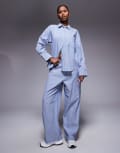 [ASOS Weekend Collective] Weekend Collective wide leg woven stripe pants in blue and navy (part of a set)-Multi 12 Blue stripe
