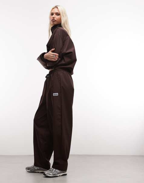 Weekend Collective windbreaker and barrel leg nylon sweatpants set in chocolate - view 1