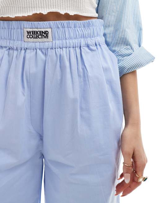 Weekend Collective woven trousers with label in blue poplin, 5 of 5
