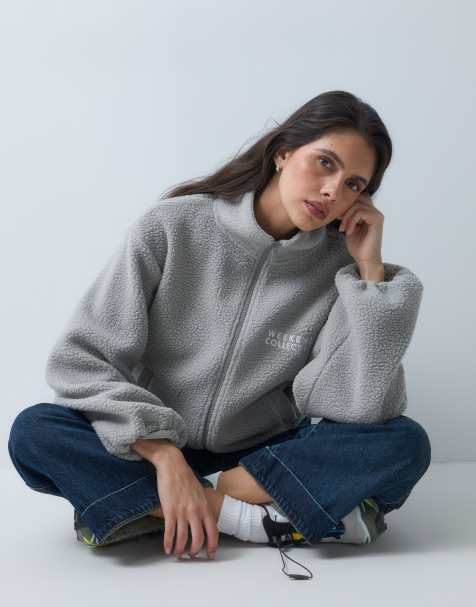 Weekend Collective zip through borg fleece with balloon sleeves in grey - view 1