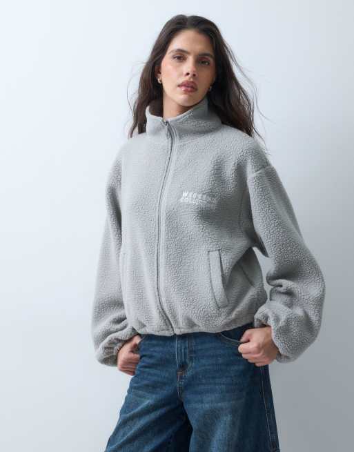 Weekend Collective zip through borg fleece with balloon sleeves in grey, 5 of 5