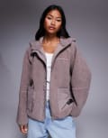 [ASOS Weekend Collective] Weekend Collective zip-through borg hoodie with nylon detail in brown L BROWN