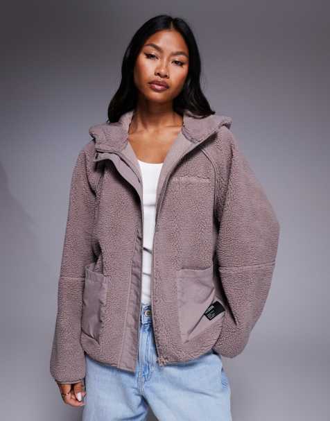 Weekend Collective zip through borg with nylon detail in brown - view 1