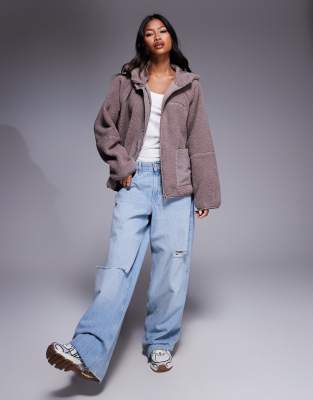 Asos Weekend Collective Weekend Collective Zip Through Borg With Nylon Detail In Gray