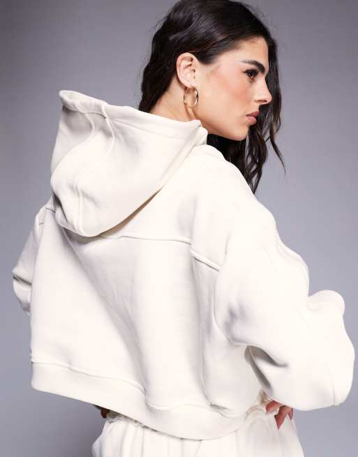 Weekend Collective zip through cropped hoodie seamed with embroidered logo in cream (part of a set)