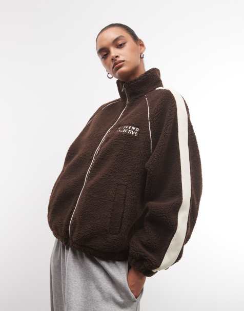 Weekend Collective zip through fleece with side stripe detail in chocolate - view 1