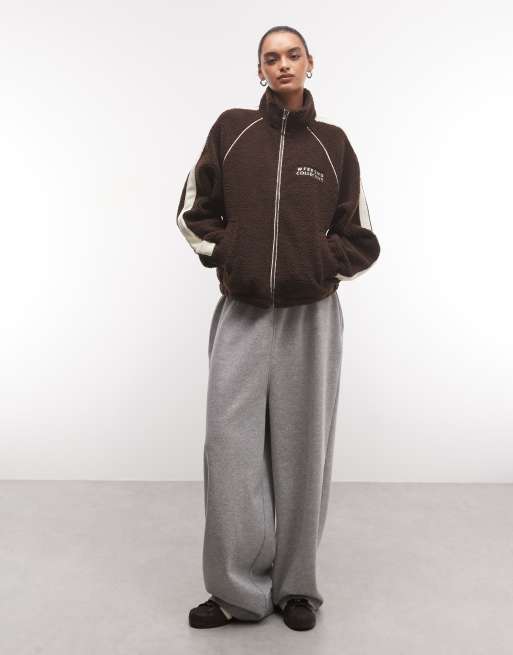 Weekend Collective zip through fleece with side stripe detail in chocolate, 2 of 4