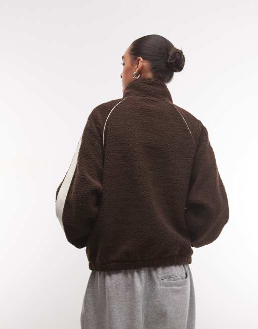 Weekend Collective zip through fleece with side stripe detail in chocolate, 4 of 4