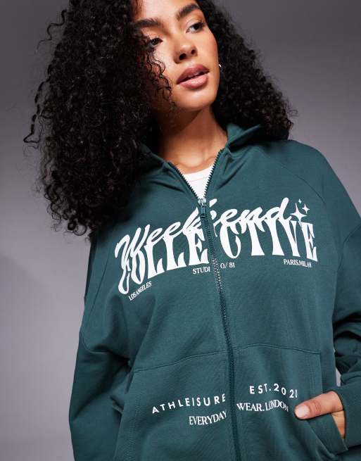 Weekend Collective zip through hoodie with mixed font graphic in green, 3 of 4