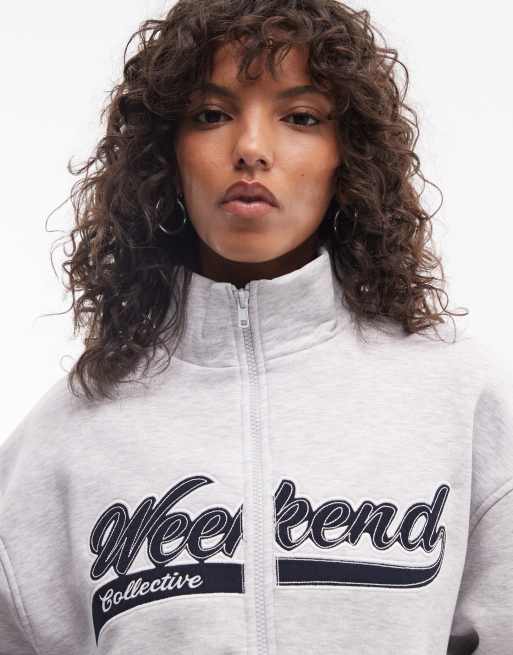 Weekend Collective zip through track jacket in gray heather jersey, 3 of 4
