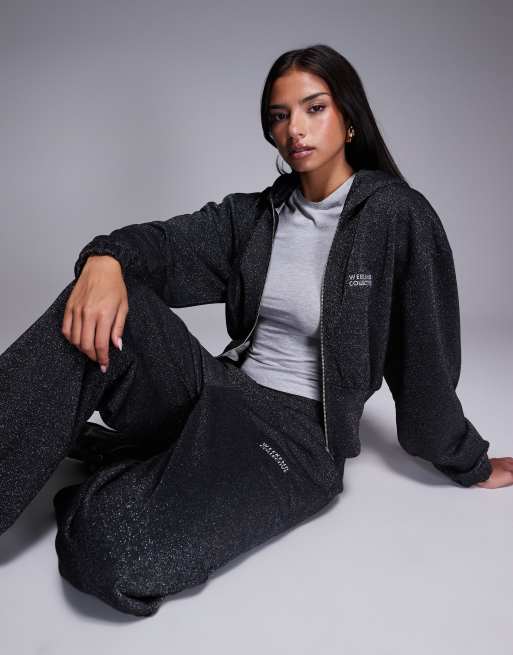 Weekend Collective zip through wide leg trackies with metallic thread in charcoal (part of a set), 3 of 5