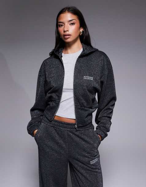 Weekend Collective zip up hoodie with metallic thread in charcoal - part of a set - view 1