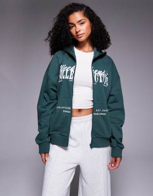 Asos Weekend Collective Weekend Collective Zip Up Hoodie With Mixed Font Graphic In Green