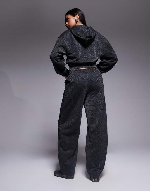 Weekend Collective zip up wide leg sweatpants with metallic thread in charcoal - part of a set