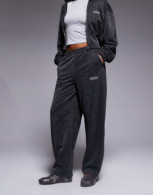Weekend Collective zip up wide leg sweatpants with metallic thread in charcoal - part of a set