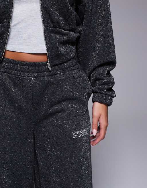 Weekend Collective zip up wide leg sweatpants with metallic thread in charcoal - part of a set, 5 of 5