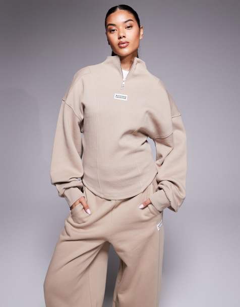 Weekend Collective - Zware sweater met korte rits en geribbelde mix in mokka, deel van co-ord set - view 1