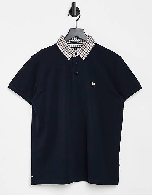 Weekend Offender chrome polo shirt with check collar in navy | ASOS