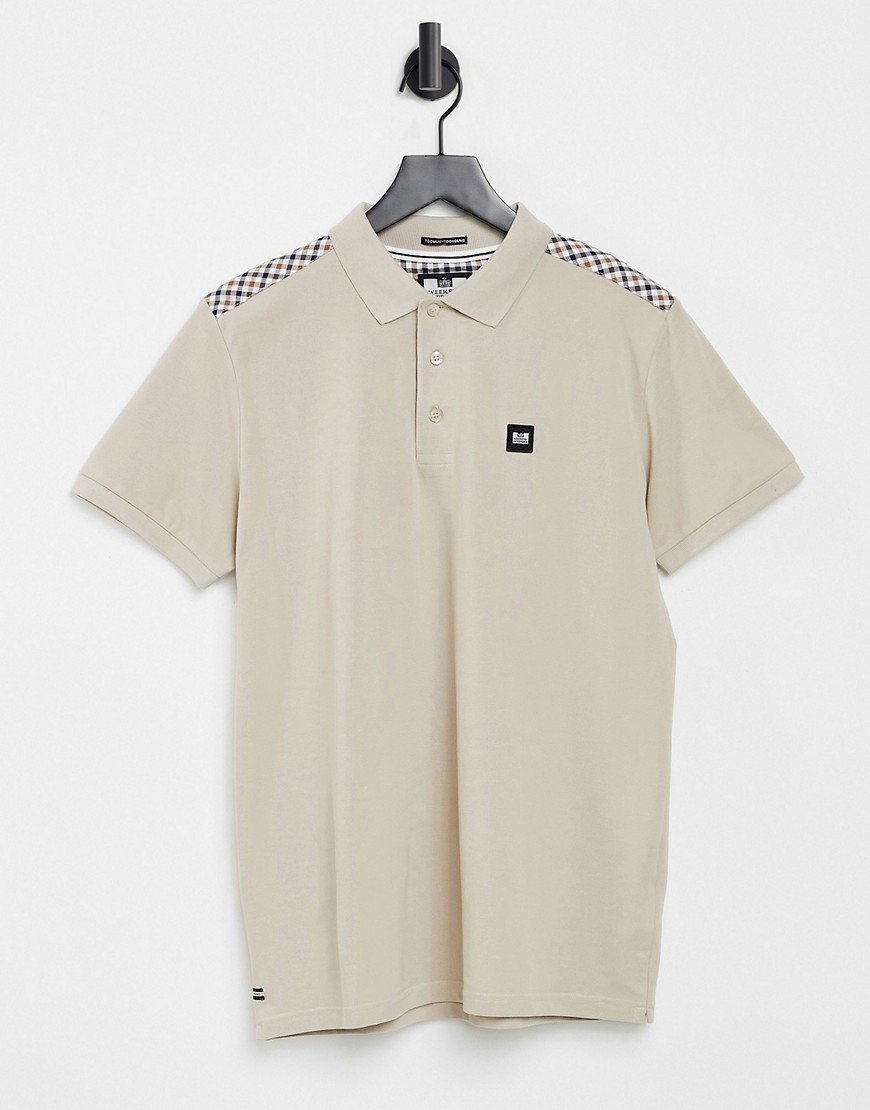 Weekend Offender iridium polo shirt with check shoulder in beige-Neutral