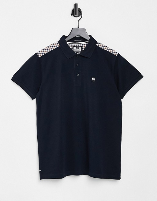 Weekend Offender iridium polo shirt with check shoulder in navy