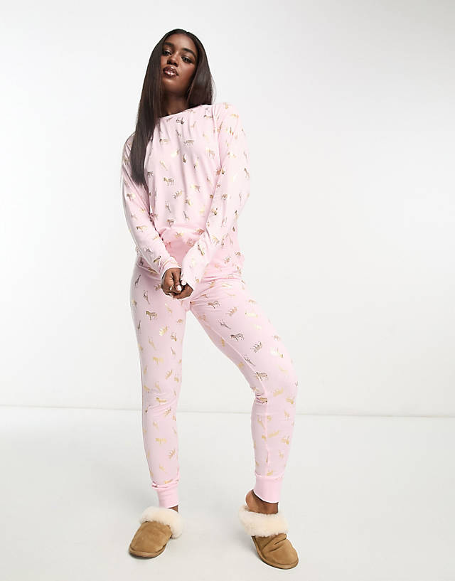 The Wellness Project - Wellness Project x Chelsea Peers foil safari print long pyjamas in pink and gold