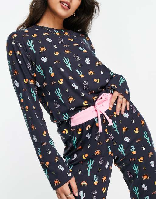 Wellness Project x Chelsea Peers legging pajama set in navy rainbow and cactus print