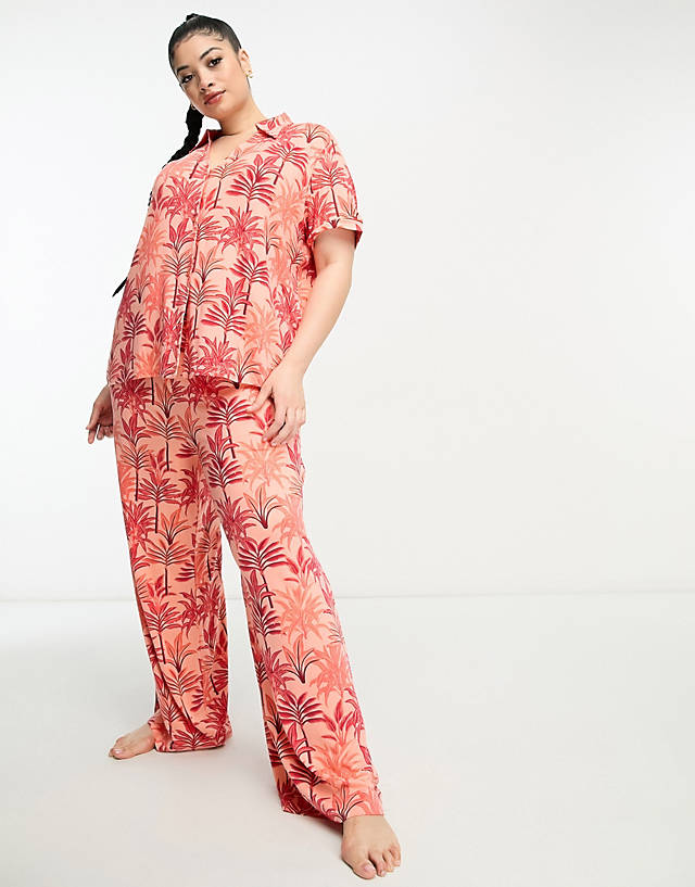 The Wellness Project - Wellness Project x Chelsea Peers Plus palm print wide leg pyjama set in burnt orange