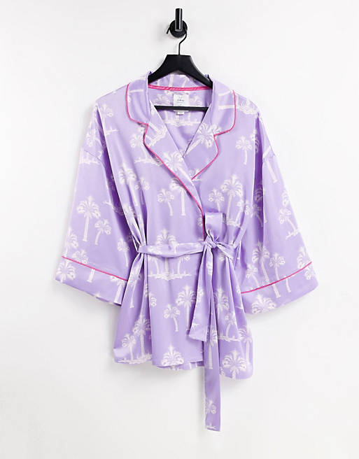 Wellness Project x Chelsea Peers satin palm print robe in lilac
