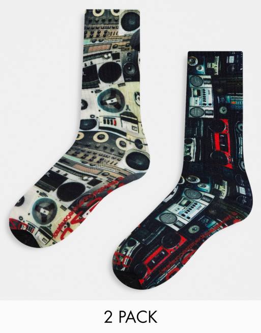 WeSC – 2er-Pack Socken mit Retro-Kassettenprint in Grau