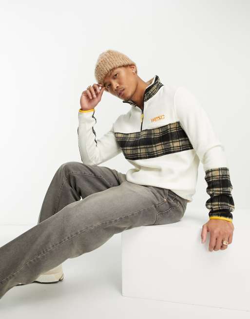 WESC half zip sweat in white with check panel