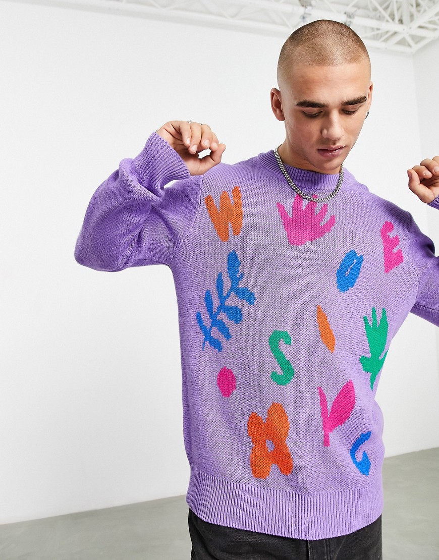 WESC knitted jumper in purple abstract floral print