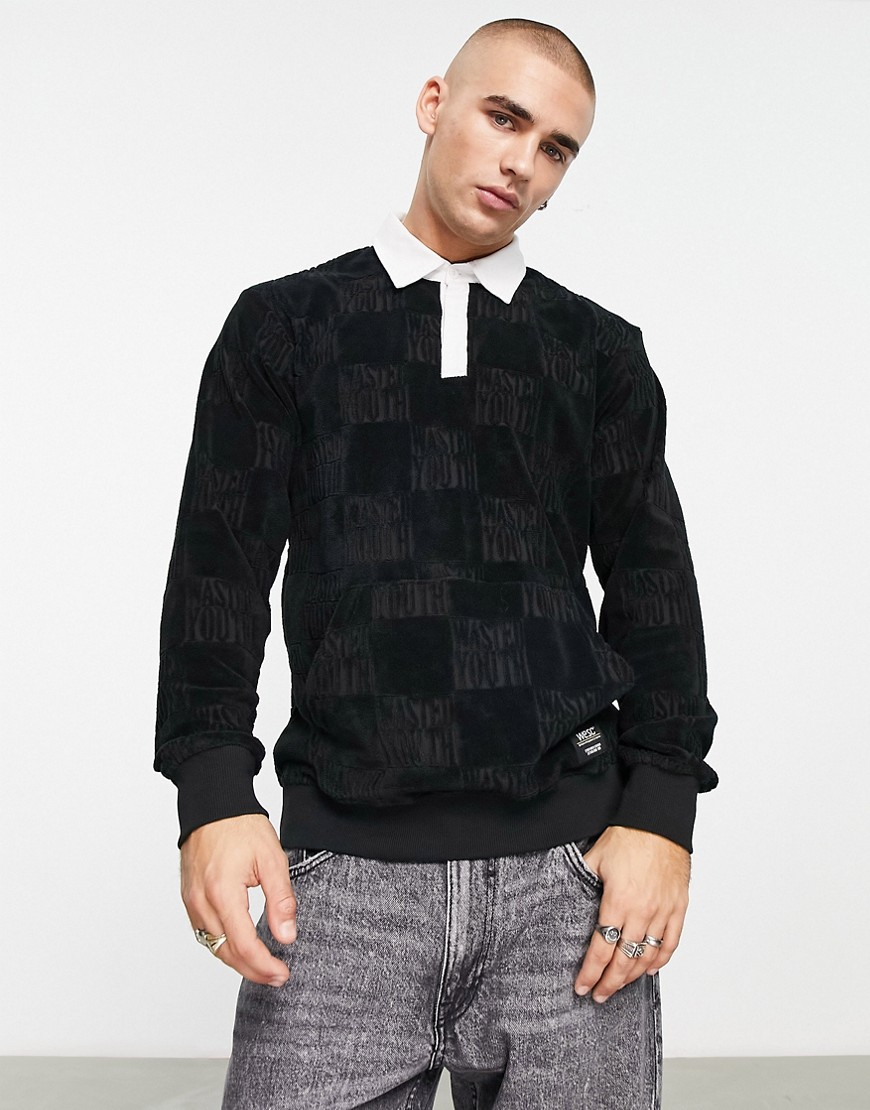Wesc Long Sleeve Printed Polo In Black With Contrast Collar
